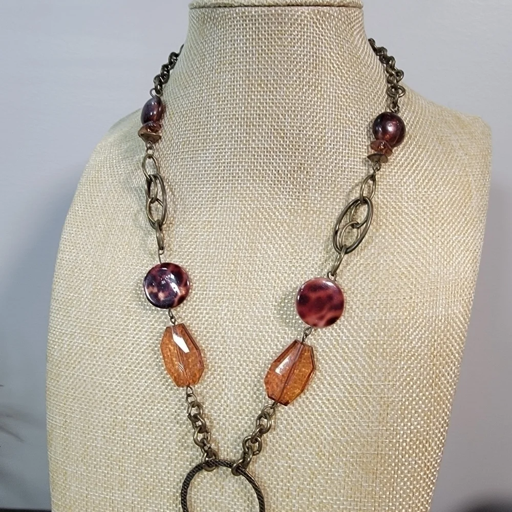 Antique Bronze Metal Statement Necklace with Amber beads and Chain Tassels Boho